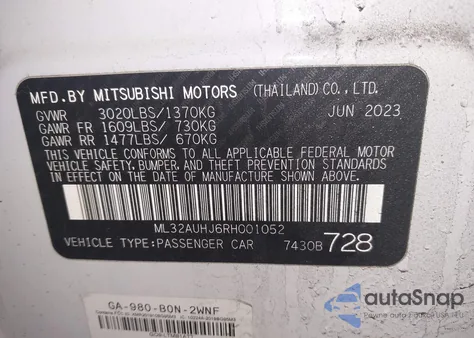 2024 Mitsubishi Mirage Es/Le from USA, damaged, VIN ML32AUHJ6RH001052